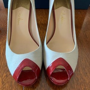 Cream silk and brick red patent leather peep toe pumps from Cole Haan w/Nike air